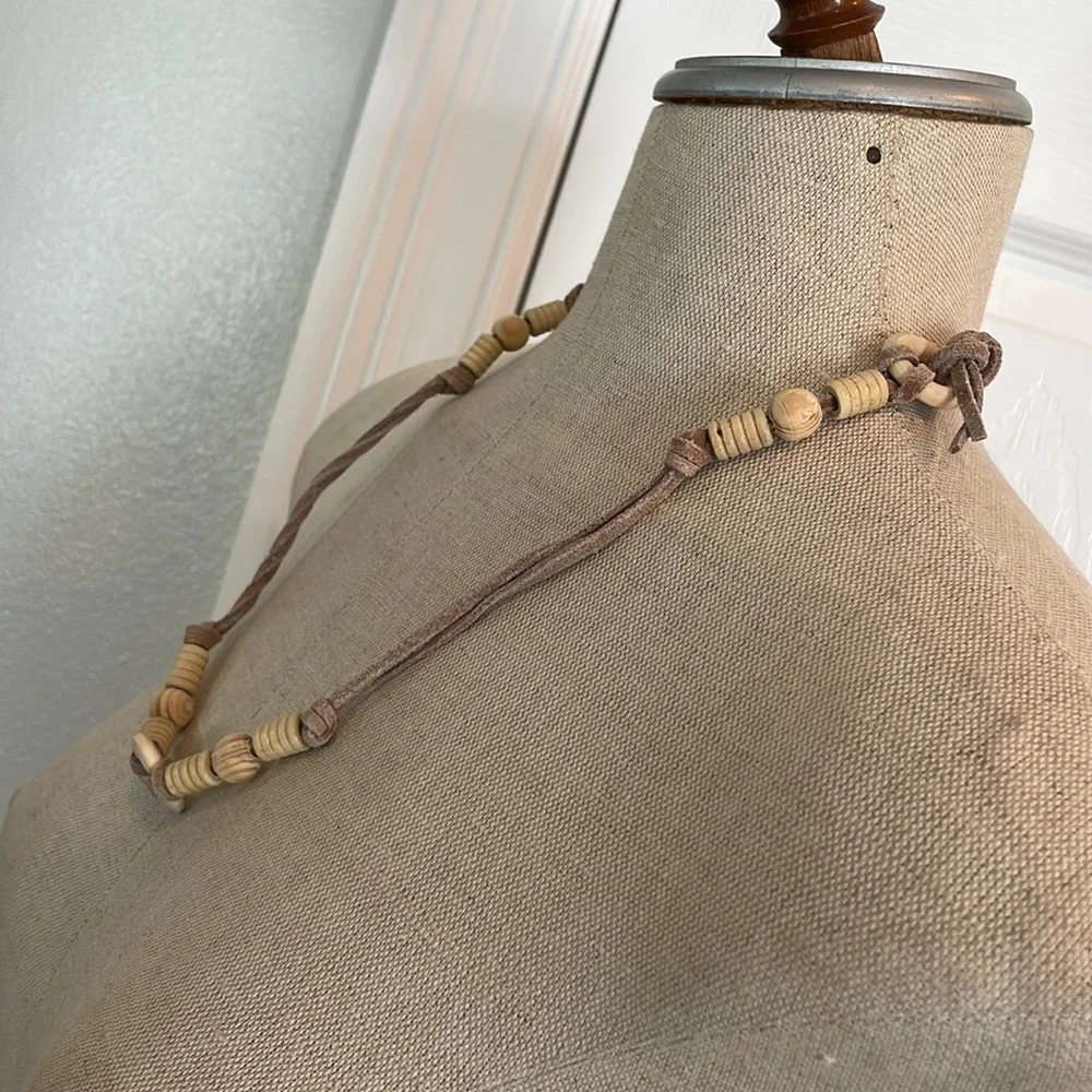 Necklace leather wood beads rings natural_6